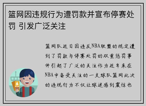 篮网因违规行为遭罚款并宣布停赛处罚 引发广泛关注 篮网因违规行为遭罚款并宣布停赛处罚 引发广泛关注