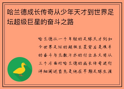 哈兰德成长传奇从少年天才到世界足坛超级巨星的奋斗之路